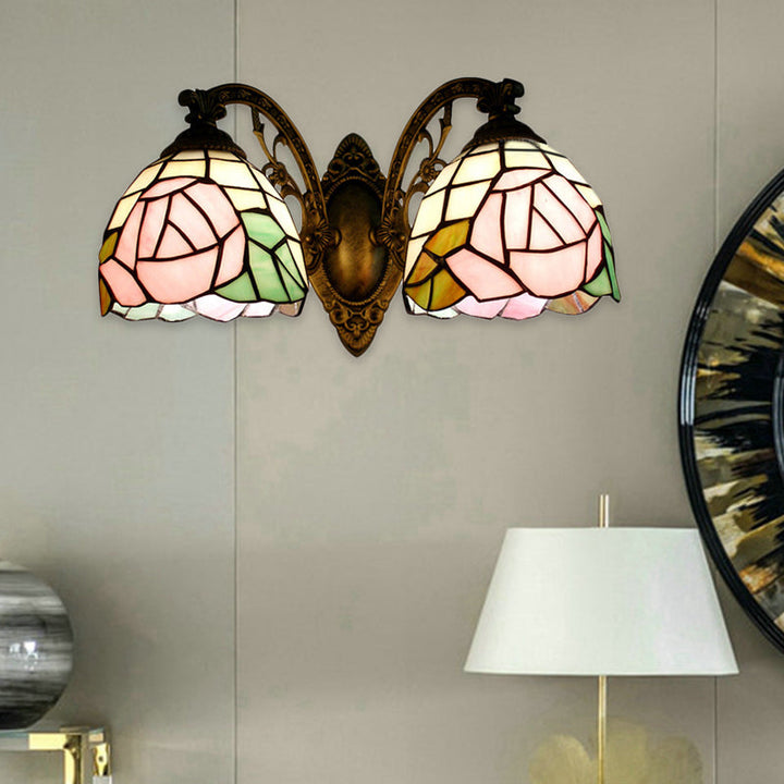 Lisslune | Tiffany Style Wall Lamp Glass Painted 2 Lights Wall Lamp with Rose Pattern in Bronze Finish