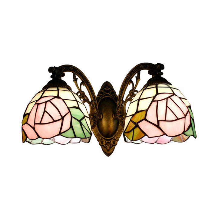 Lisslune | Tiffany Style Wall Lamp Glass Painted 2 Lights Wall Lamp with Rose Pattern in Bronze Finish