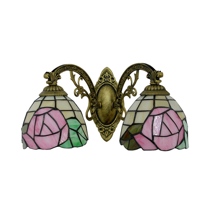 Lisslune | Tiffany Style Wall Lamp Glass Painted 2 Lights Wall Lamp with Rose Pattern in Bronze Finish