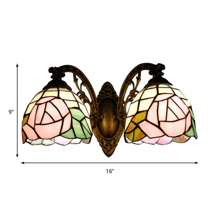 Lisslune | Tiffany Style Wall Lamp Glass Painted 2 Lights Wall Lamp with Rose Pattern in Bronze Finish