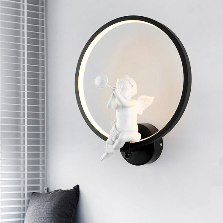Skørter | Art Deco Ring Wall Light with Angel Metal Wall Lights Light in Black for Adult Bedroom