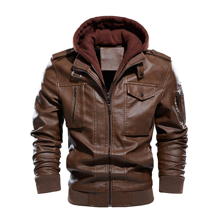 Men's synthetic leather jacket with detachable hood Lisslune
