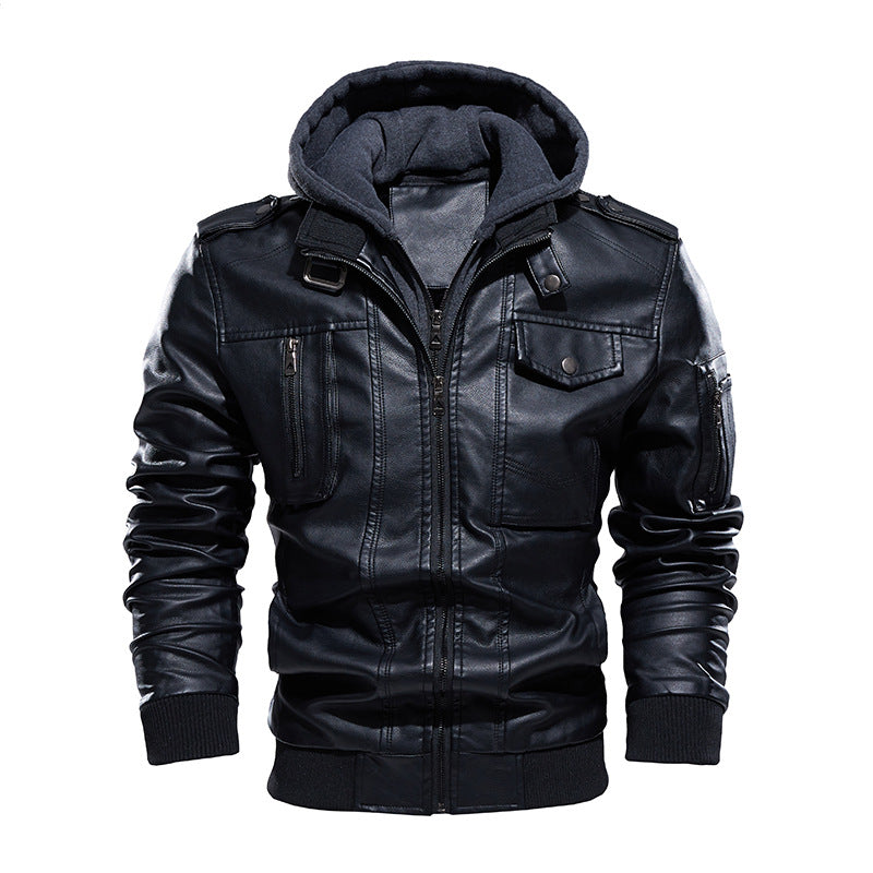 Men's synthetic leather jacket with detachable hood Lisslune