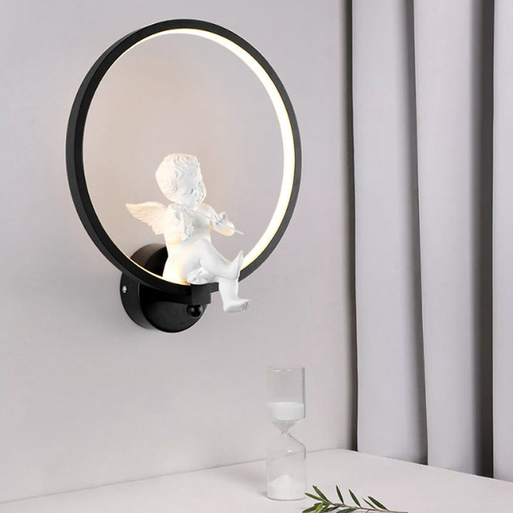 Skørter | Modern Ring Wall Lamp with Small Angel Metal Black Wall Lamp for Living Room