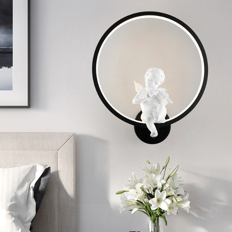 Skørter | Modern Ring Wall Lamp with Small Angel Metal Black Wall Lamp for Living Room