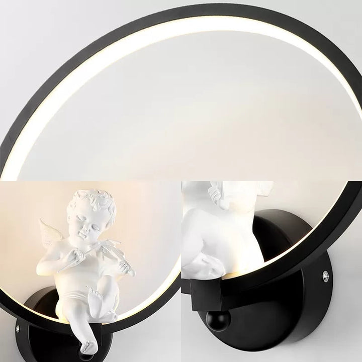 Skørter | Modern Ring Wall Lamp with Small Angel Metal Black Wall Lamp for Living Room