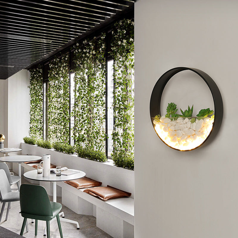 Skørter | Beautiful Big O Wall Lamp Acrylic Sconce with Synthetic Succulent & Stone for Living Room Bedroom