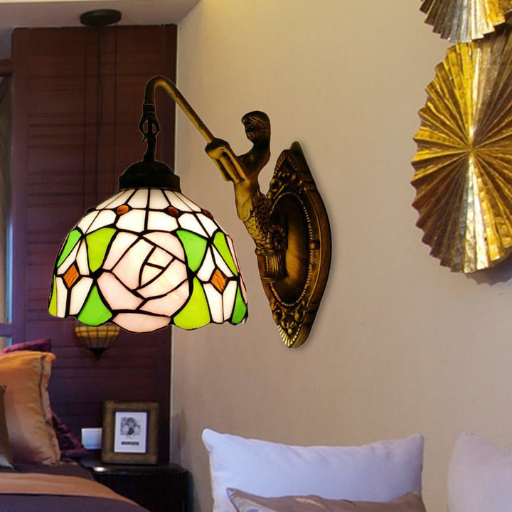 Lisslune | Tiffany 1 Main Assembly Light Pink/Green-Pink Bowl Wall Lamp with Yellow Colored Glass and Mermaid Back Plate