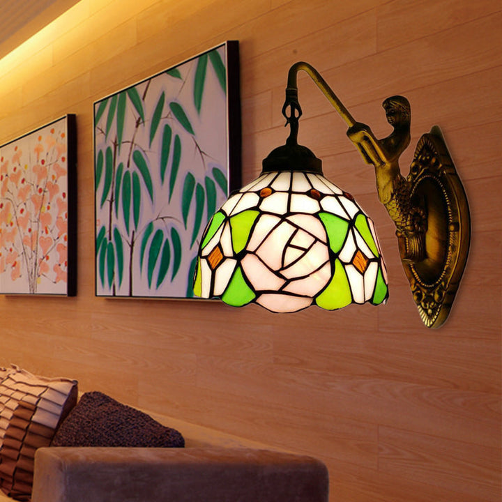 Lisslune | Tiffany 1 Main Assembly Light Pink/Green-Pink Bowl Wall Lamp with Yellow Colored Glass and Mermaid Back Plate
