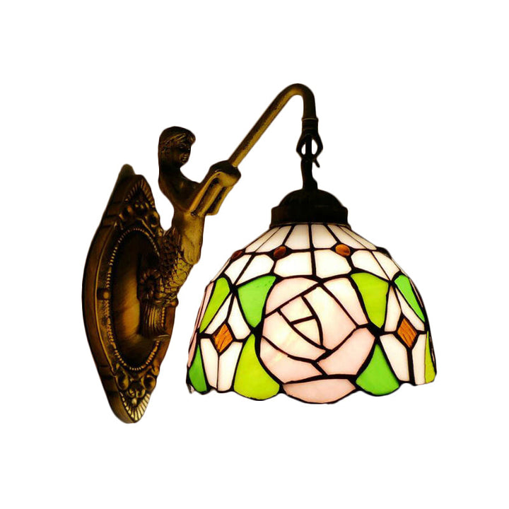 Lisslune | Tiffany 1 Main Assembly Light Pink/Green-Pink Bowl Wall Lamp with Yellow Colored Glass and Mermaid Back Plate