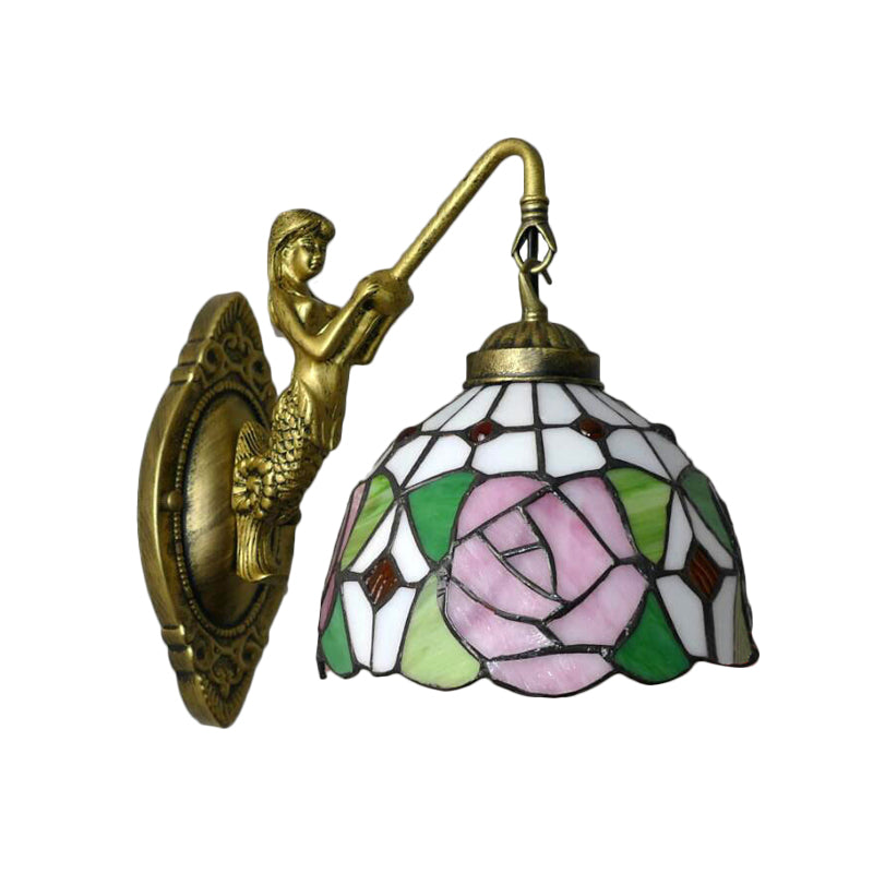 Lisslune | Tiffany 1 Main Assembly Light Pink/Green-Pink Bowl Wall Lamp with Yellow Colored Glass and Mermaid Back Plate