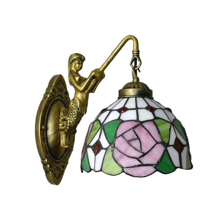 Lisslune | Tiffany 1 Main Assembly Light Pink/Green-Pink Bowl Wall Lamp with Yellow Colored Glass and Mermaid Back Plate