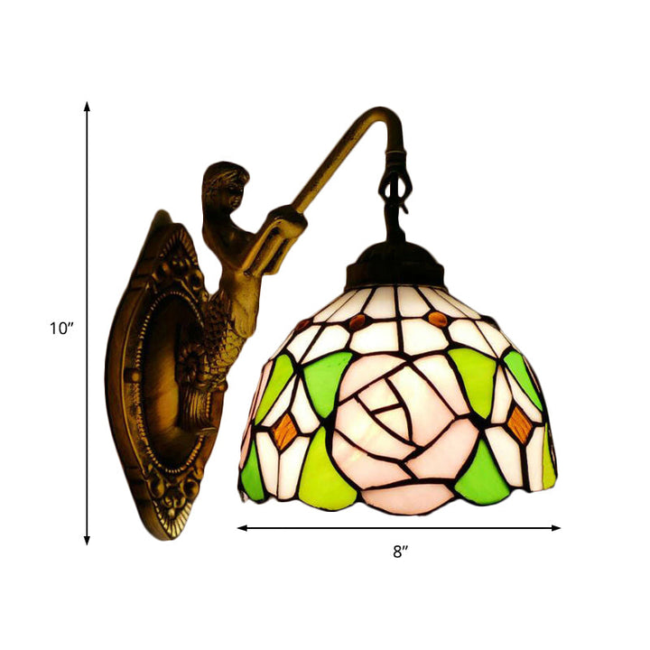Lisslune | Tiffany 1 Main Assembly Light Pink/Green-Pink Bowl Wall Lamp with Yellow Colored Glass and Mermaid Back Plate