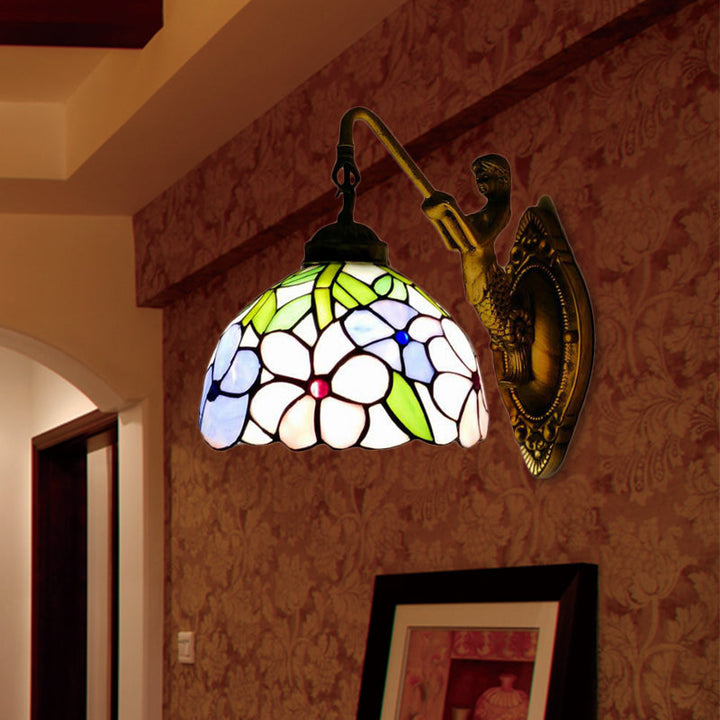 Lisslune | Tiffany 1 Main Assembly Light Pink/Green-Pink Bowl Wall Lamp with Yellow Colored Glass and Mermaid Back Plate