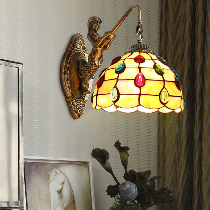Lisslune | Beaded Wall Light Tiffany Beige Glass 1 Head Brass Wall Mount Light with Mermaid Backplate