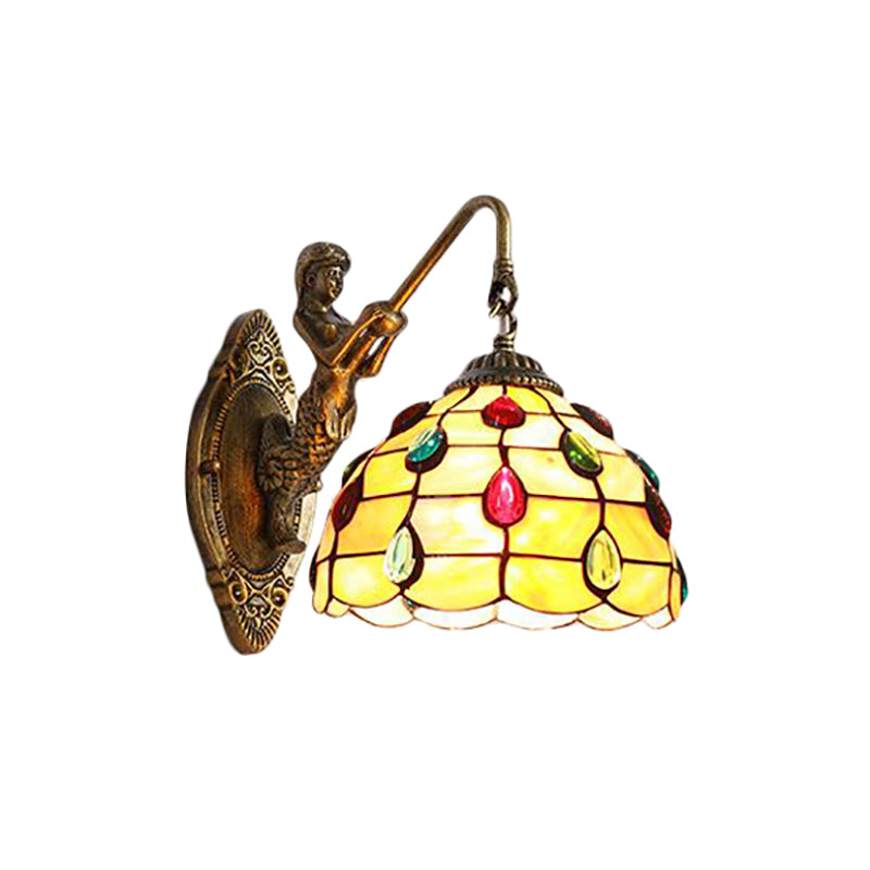 Lisslune | Beaded Wall Light Tiffany Beige Glass 1 Head Brass Wall Mount Light with Mermaid Backplate