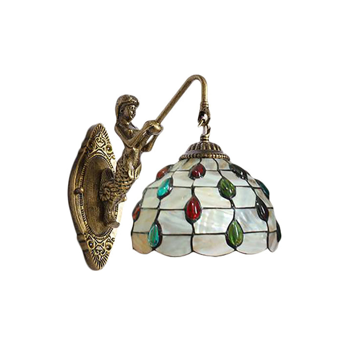Lisslune | Beaded Wall Light Tiffany Beige Glass 1 Head Brass Wall Mount Light with Mermaid Backplate