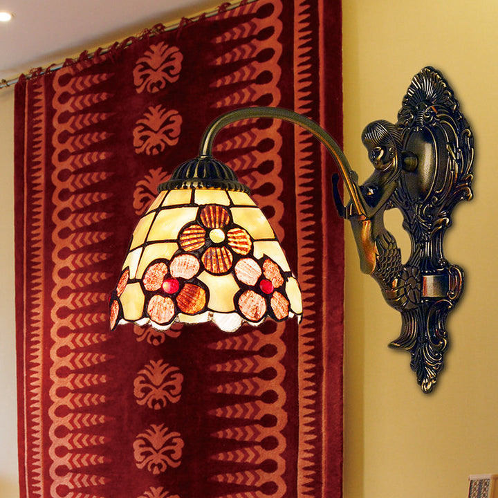 Lisslune | Floral Wall Light Tiffany Beige Glass 1 Head Bedroom Wall Mount Lighting