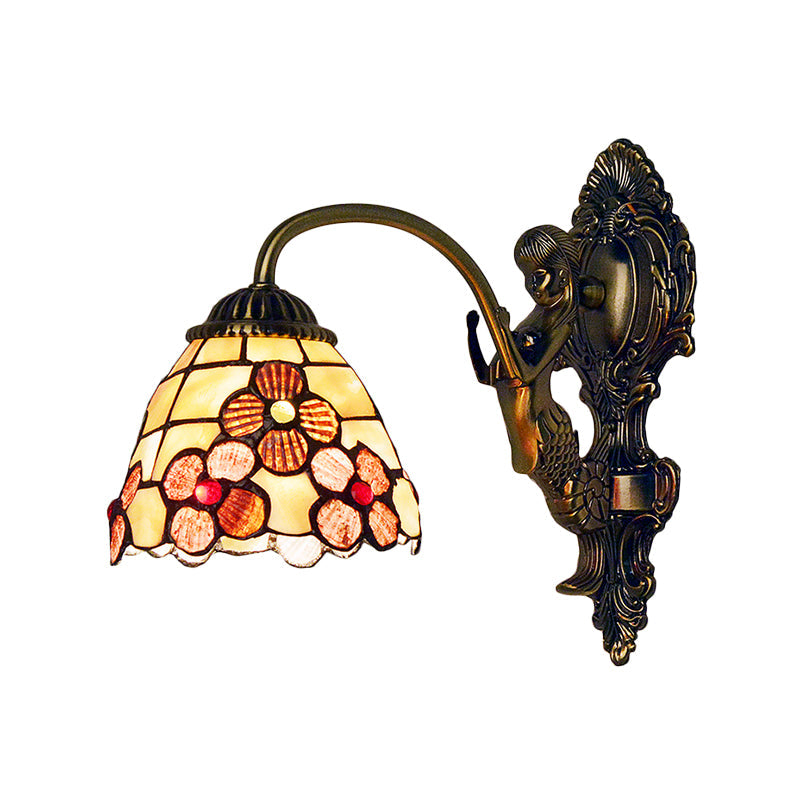 Lisslune | Floral Wall Light Tiffany Beige Glass 1 Head Bedroom Wall Mount Lighting