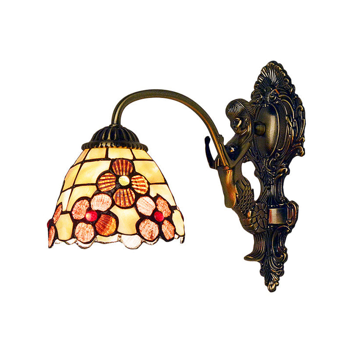 Lisslune | Floral Wall Light Tiffany Beige Glass 1 Head Bedroom Wall Mount Lighting
