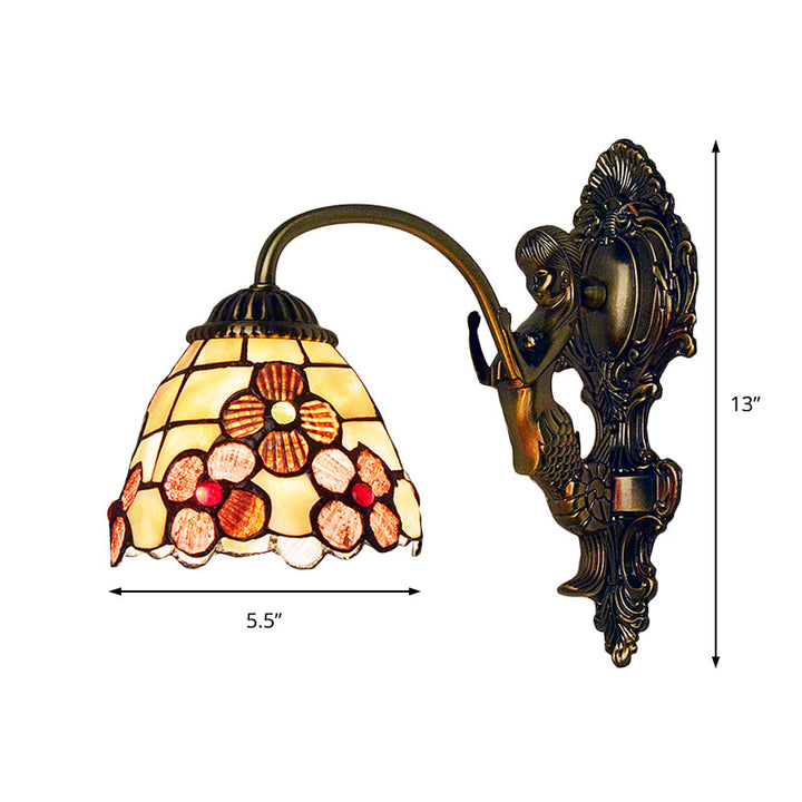 Lisslune | Floral Wall Light Tiffany Beige Glass 1 Head Bedroom Wall Mount Lighting
