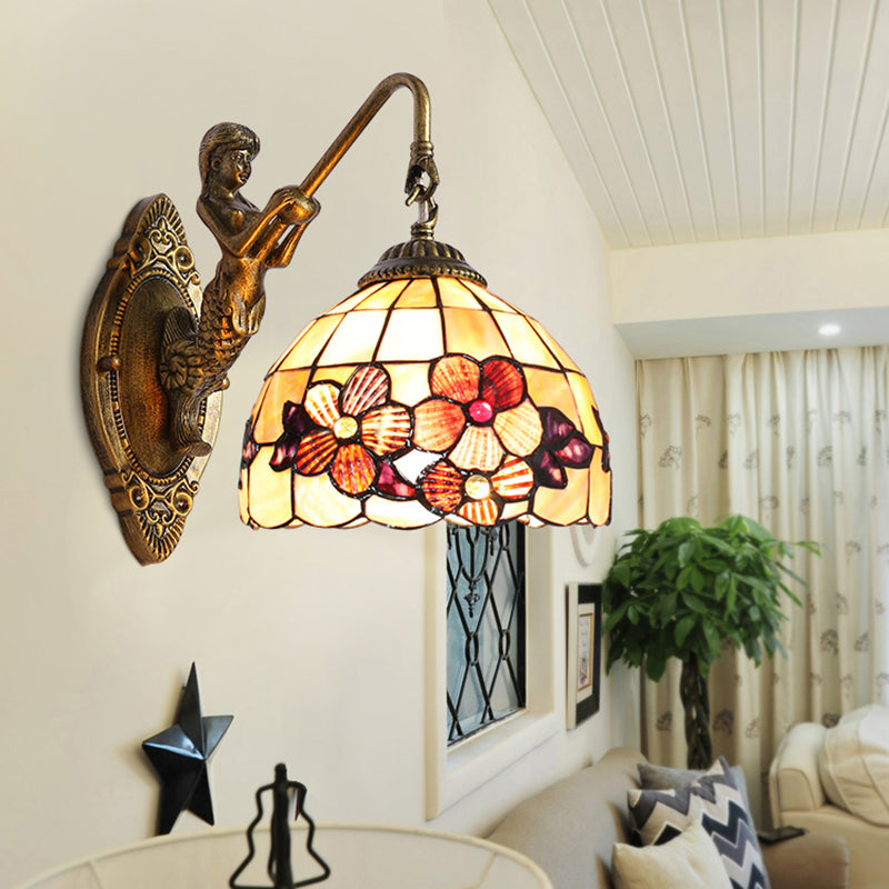 Lisslune | Victorian Dome Wall Lamp Light Beige Glass 1 Head Bedside Wall Mount Light with Flower Pattern