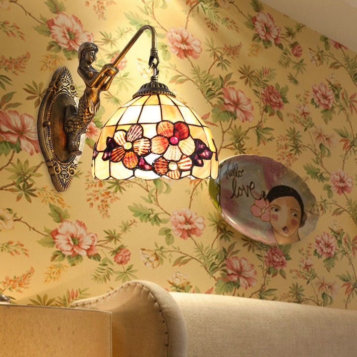 Lisslune | Victorian Dome Wall Lamp Light Beige Glass 1 Head Bedside Wall Mount Light with Flower Pattern