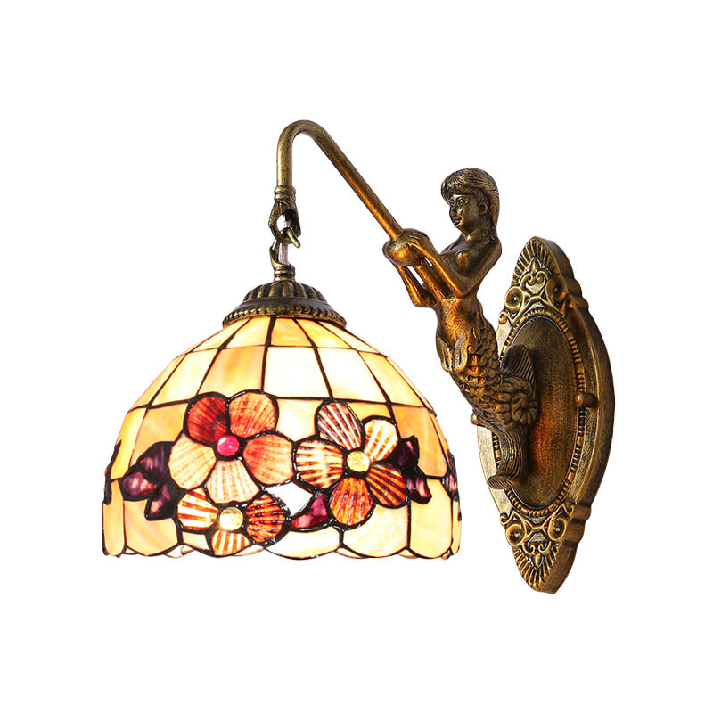 Lisslune | Victorian Dome Wall Lamp Light Beige Glass 1 Head Bedside Wall Mount Light with Flower Pattern