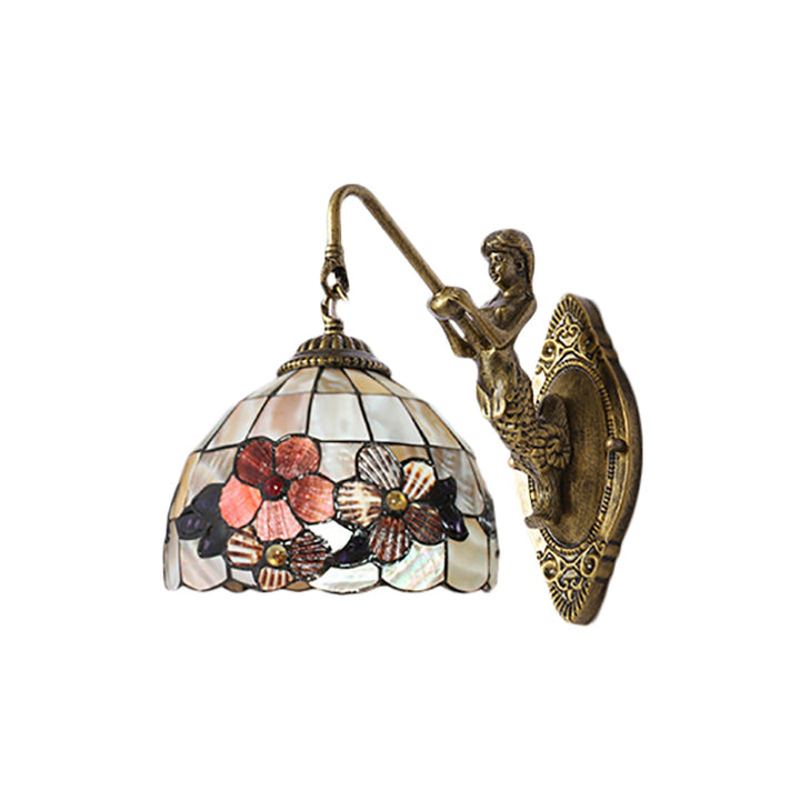 Lisslune | Victorian Dome Wall Lamp Light Beige Glass 1 Head Bedside Wall Mount Light with Flower Pattern