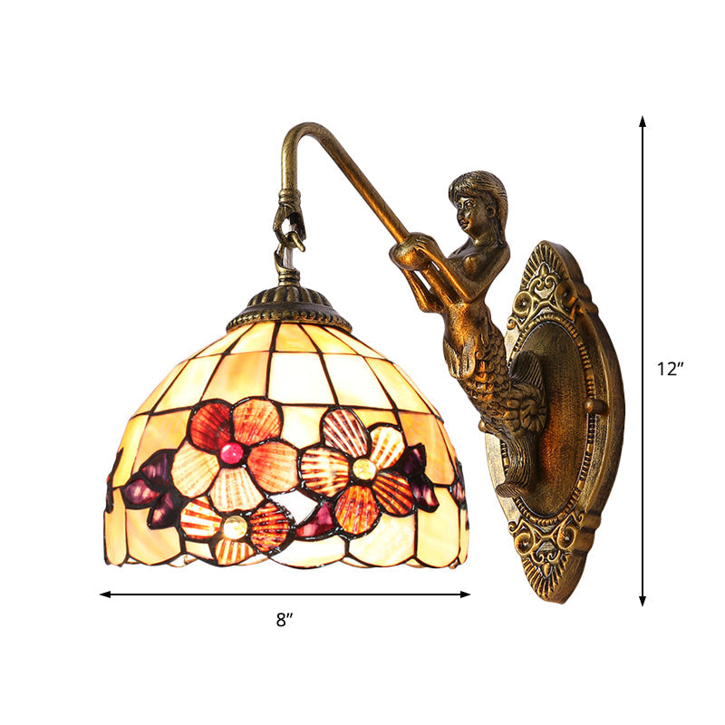 Lisslune | Victorian Dome Wall Lamp Light Beige Glass 1 Head Bedside Wall Mount Light with Flower Pattern