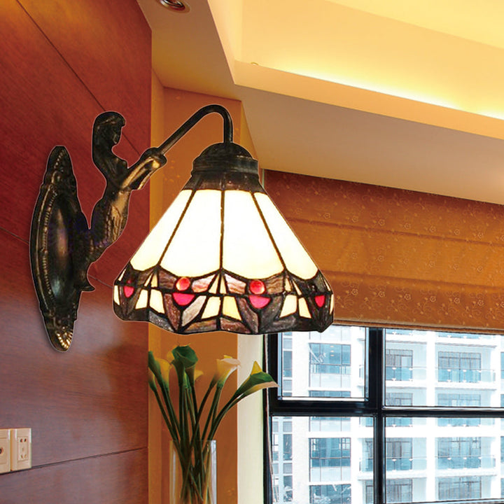 Lisslune | Beige Glass Cone Wall Mounted Light Tiffany 1 Head Antique Bronze Wall Lamp for Hallway