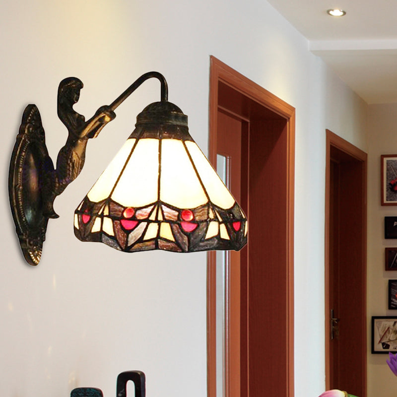Lisslune | Beige Glass Cone Wall Mounted Light Tiffany 1 Head Antique Bronze Wall Lamp for Hallway