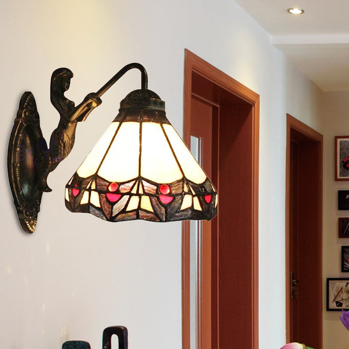 Lisslune | Beige Glass Cone Wall Mounted Light Tiffany 1 Head Antique Bronze Wall Lamp for Hallway