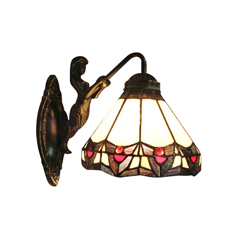 Lisslune | Beige Glass Cone Wall Mounted Light Tiffany 1 Head Antique Bronze Wall Lamp for Hallway
