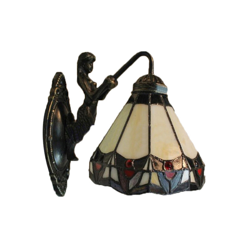 Lisslune | Beige Glass Cone Wall Mounted Light Tiffany 1 Head Antique Bronze Wall Lamp for Hallway