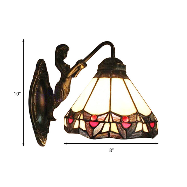 Lisslune | Beige Glass Cone Wall Mounted Light Tiffany 1 Head Antique Bronze Wall Lamp for Hallway