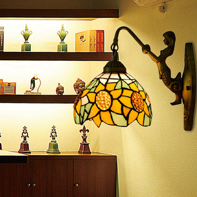 Lisslune | Sunflower Yellow Glass Wall Lamp Tiffany 1 Head Bronze Wall Mounted Light with Mermaid Decoration