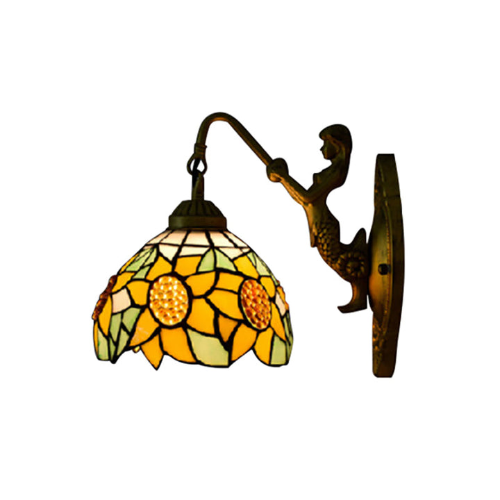 Lisslune | Sunflower Yellow Glass Wall Lamp Tiffany 1 Head Bronze Wall Mounted Light with Mermaid Decoration