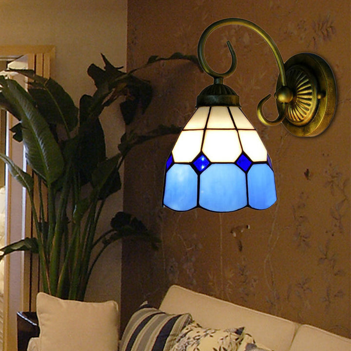 Lisslune | 1 head bowl wall light Tiffany Orange/Blue/Pink glass wall lamp with curved arm for hallway