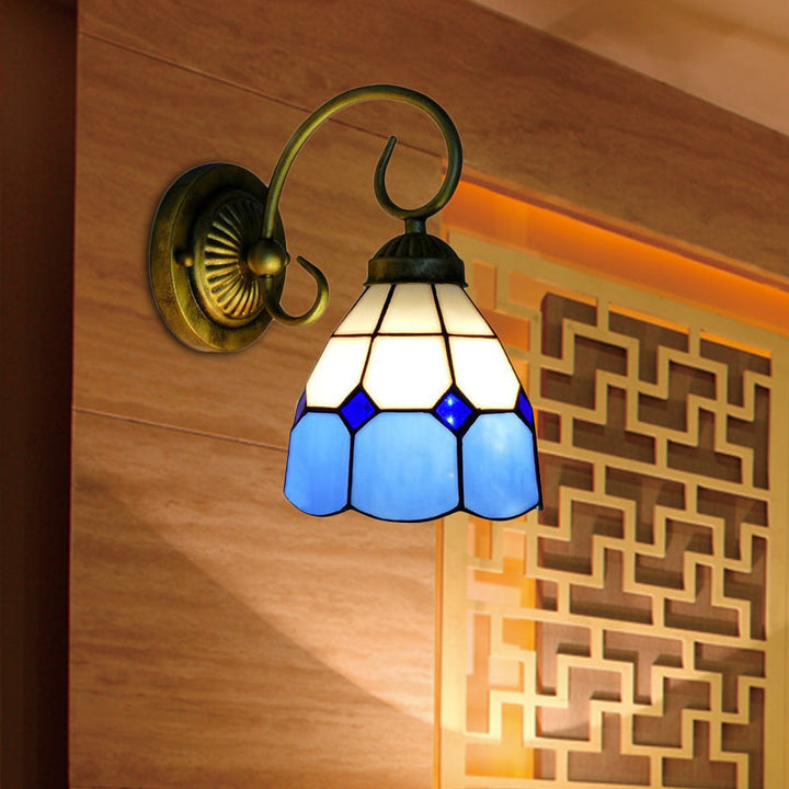 Lisslune | 1 head bowl wall light Tiffany Orange/Blue/Pink glass wall lamp with curved arm for hallway