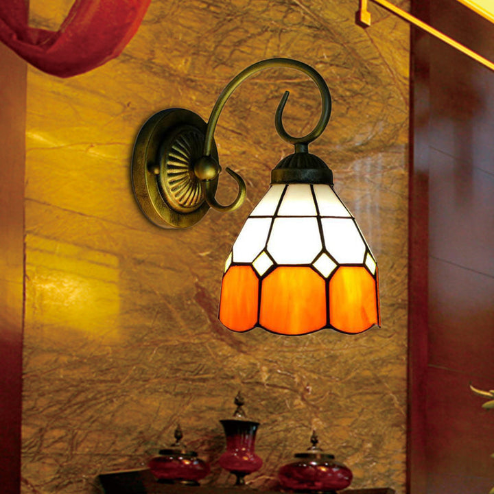 Lisslune | 1 head bowl wall light Tiffany Orange/Blue/Pink glass wall lamp with curved arm for hallway