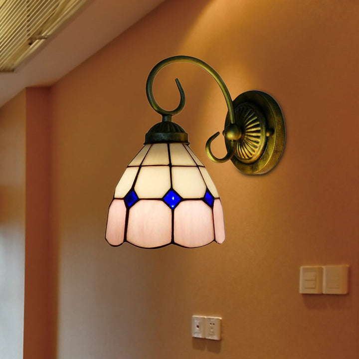 Lisslune | 1 head bowl wall light Tiffany Orange/Blue/Pink glass wall lamp with curved arm for hallway