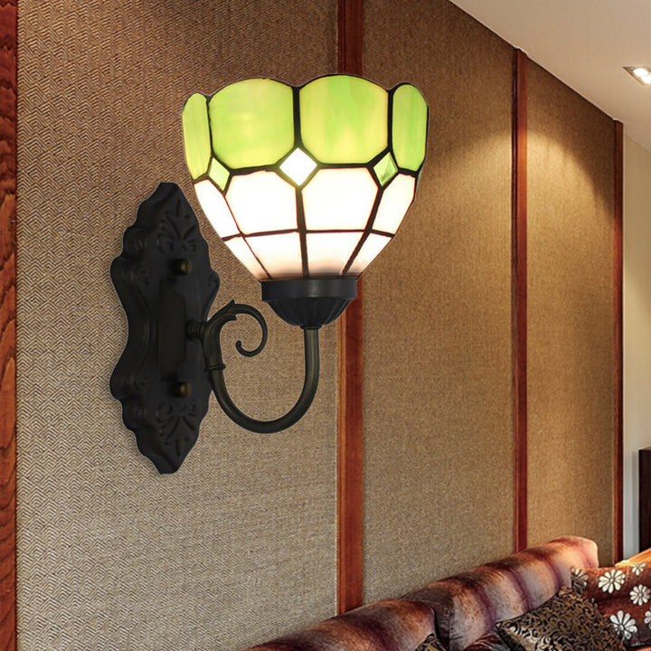 Lisslune | Diamond Pattern Wall Lamp Tiffany Green/Blue Glass 1 Head Black Wall Mounted Light