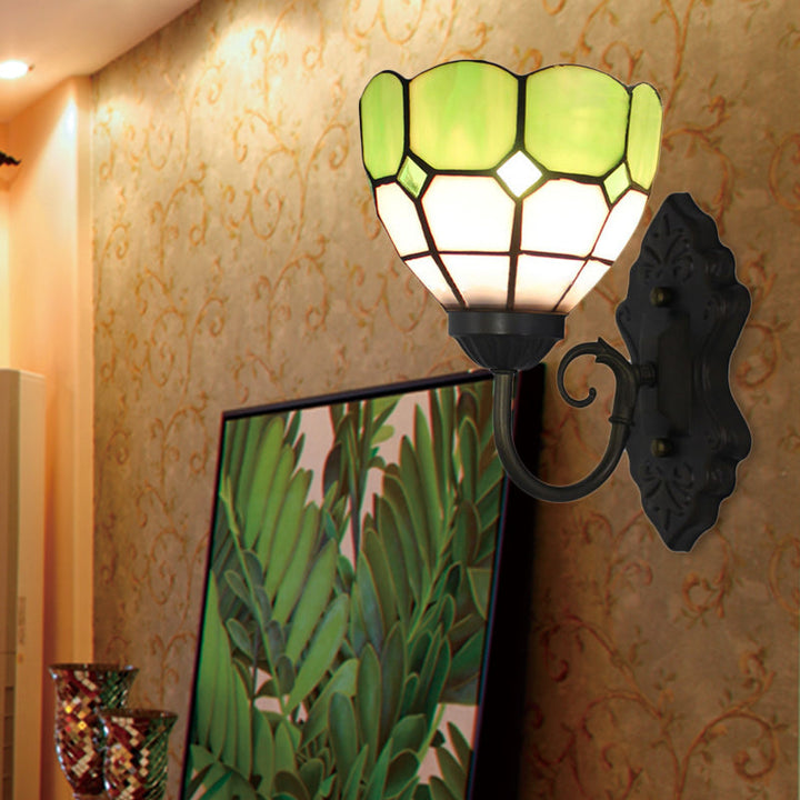 Lisslune | Diamond Pattern Wall Lamp Tiffany Green/Blue Glass 1 Head Black Wall Mounted Light