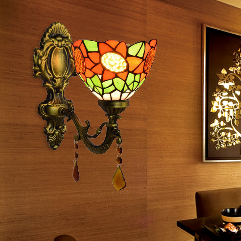 Lisslune | Orange Sunflower Wall Lighting Country 1 Headlight Wall Fixture Light with Bowl Glass Shade for Hallway