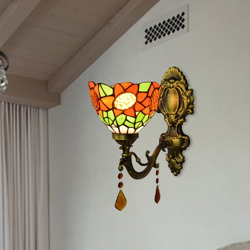 Lisslune | Orange Sunflower Wall Lighting Country 1 Headlight Wall Fixture Light with Bowl Glass Shade for Hallway