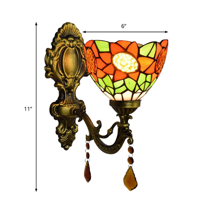 Lisslune | Orange Sunflower Wall Lighting Country 1 Headlight Wall Fixture Light with Bowl Glass Shade for Hallway