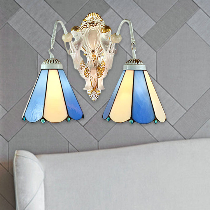 Lisslune | White Conical Wall-Mounted Light Mediterranean 2 Heads Blue-Beige Glass Wall Lamp