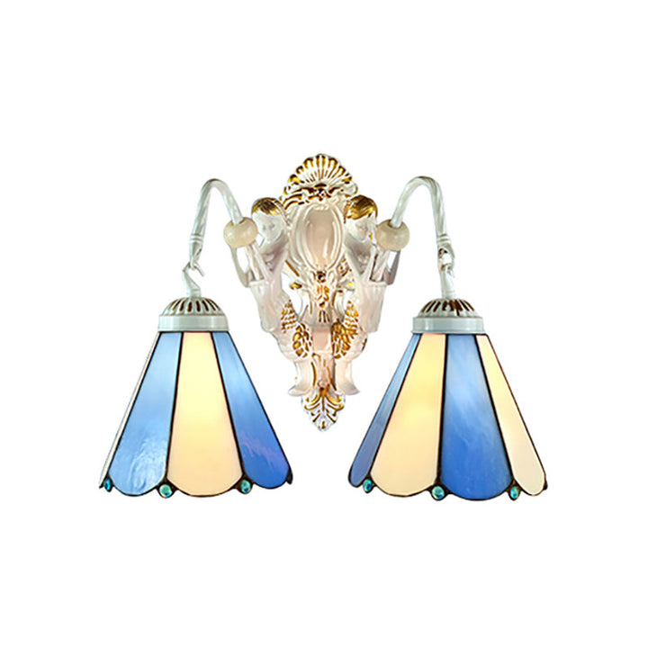 Lisslune | White Conical Wall-Mounted Light Mediterranean 2 Heads Blue-Beige Glass Wall Lamp