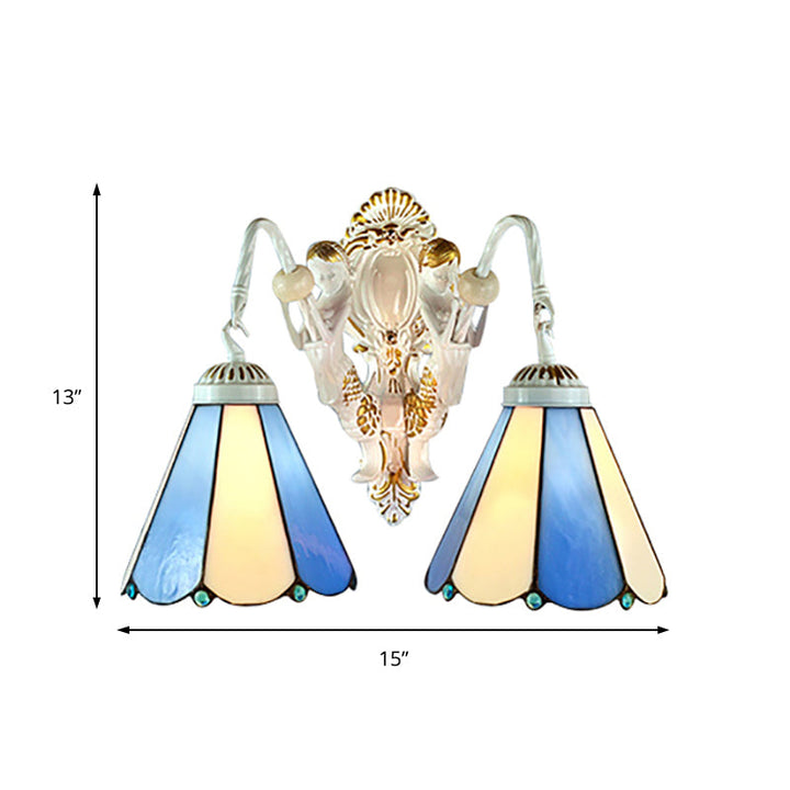 Lisslune | White Conical Wall-Mounted Light Mediterranean 2 Heads Blue-Beige Glass Wall Lamp